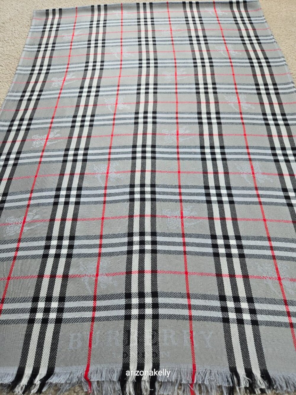 Burberry Grey Nova Check Plaid Scarf With Jacquard Branding & Equestrian Knight - Picture 8 of 13